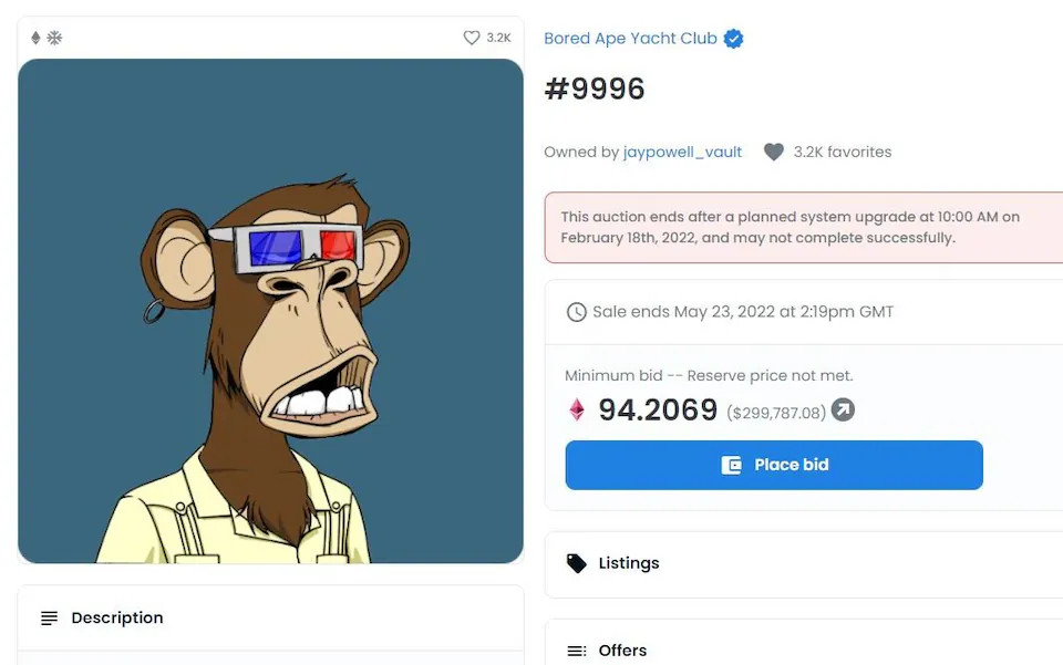 A Bored Ape NFT being sold for $299,787 on the OpenSea marketplace Credit: OpenSea